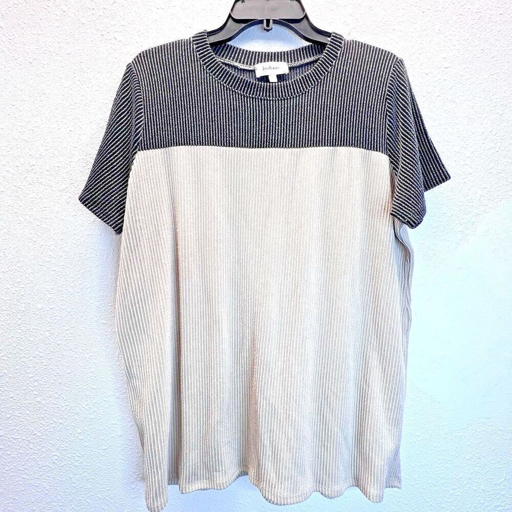 Bohme women blouse top short sleeve casual comfortable cream grey XL.